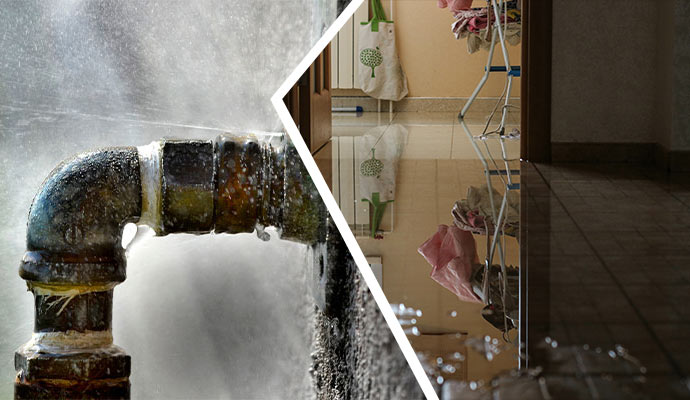 A burst pipe spraying water and standing water on a floor