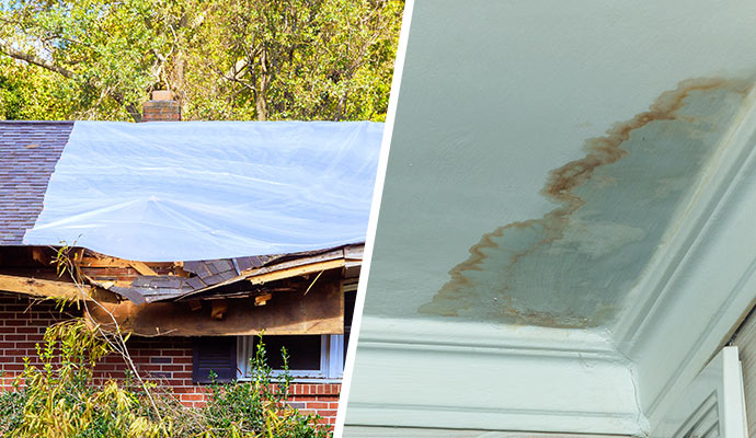 A roof tarp on damaged shingles and a ceiling water stain