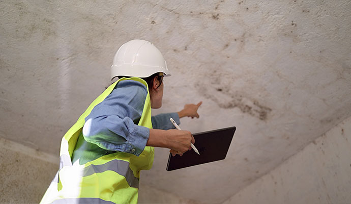 A woman in a hard hat pointing at mold on a ceiling
