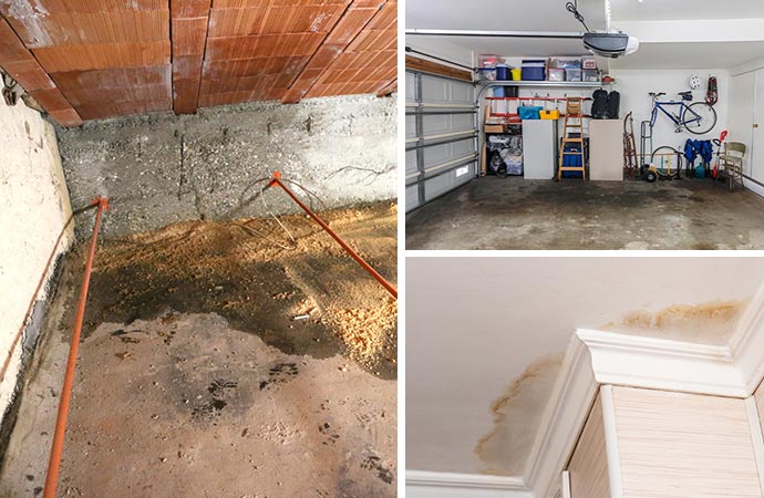 water damage affecting attic, garage, and ceiling