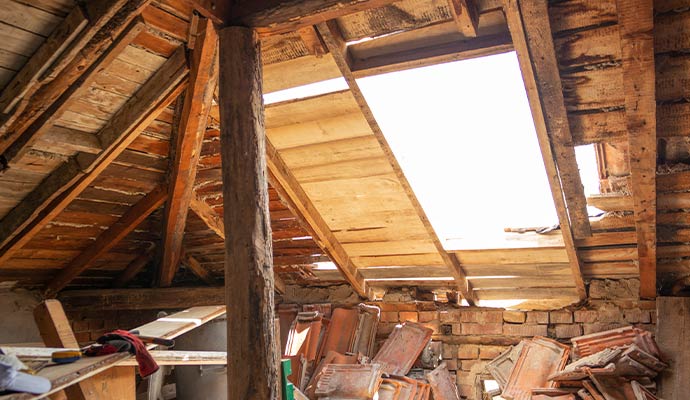 Attic roof water damage with exposed wood framing damaged sheathing