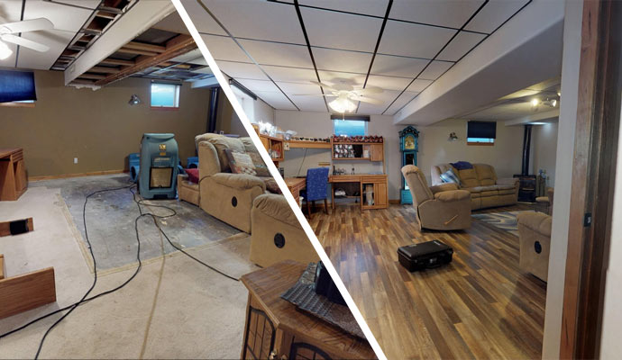 Before and after basement with air movers and wood flooring