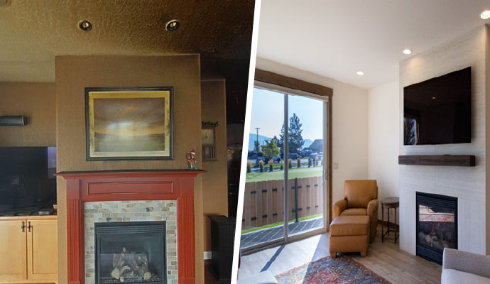 Before and after living room smoke damage restoration