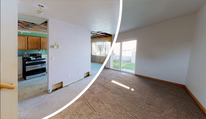 Before and after room with exposed ceiling and carpet