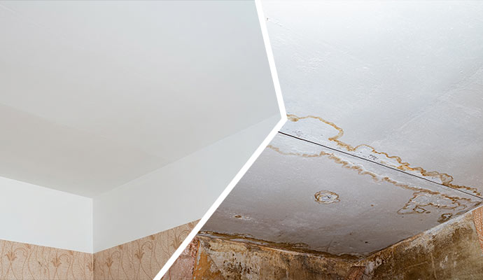 Before and after water stained ceiling and wall restoration