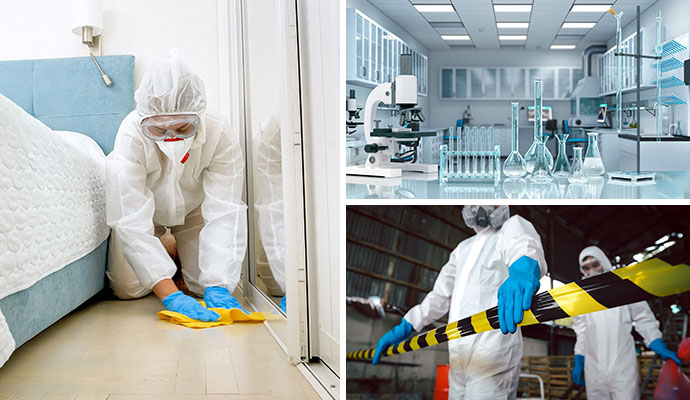 Collage of floor biohazard cleanup, lab, and crime scene cleanup