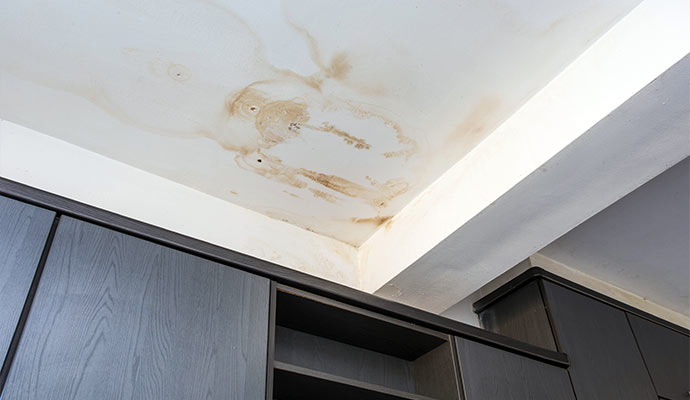 Brown water stains on a white ceiling above cabinets