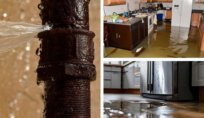 Collage showing a burst water pipe, flooded kitchen, and leaking appliance