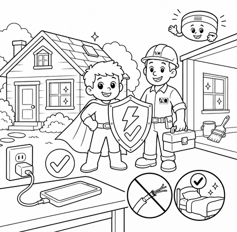 Preview of the fire safety coloring page art with a young superhero and a Alpha Omega Disaster Restoration