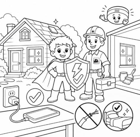 Preview of the fire safety coloring page art with a young superhero and a Alpha Omega Disaster Restoration