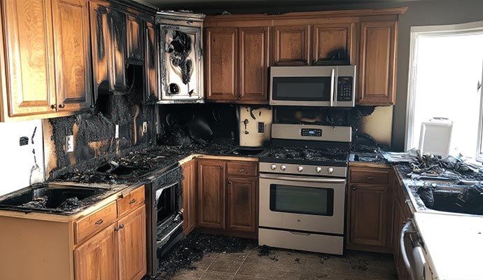Charred kitchen after fire