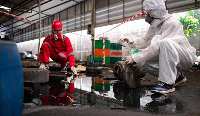 Two professionals cleaning up a chemical spill using protective gear and specialized equipment