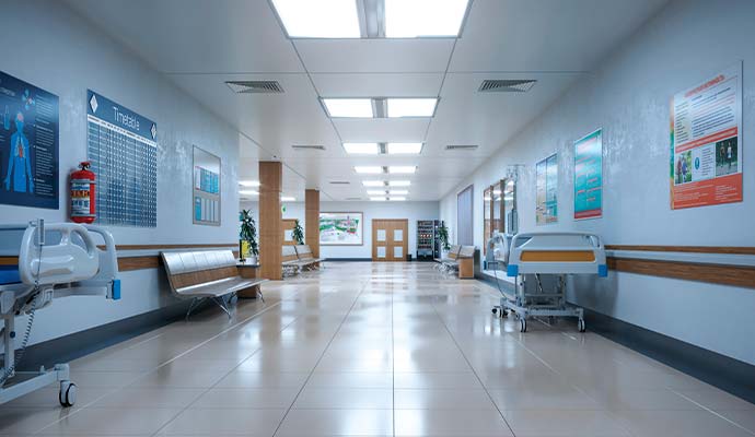 Clean hospital corridor with medical beds