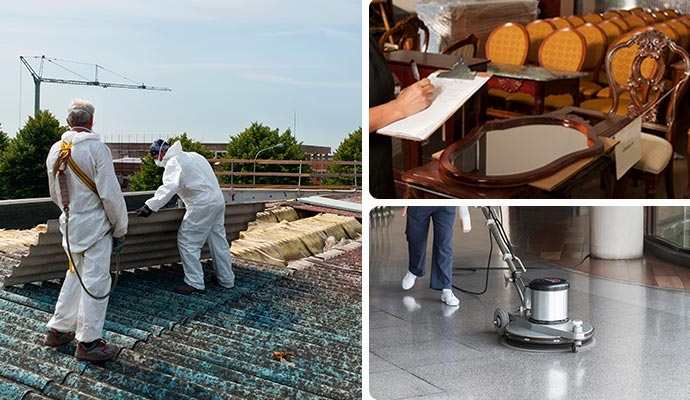Collage of asbestos removal work, restored furniture inventory and professional floor cleaning services