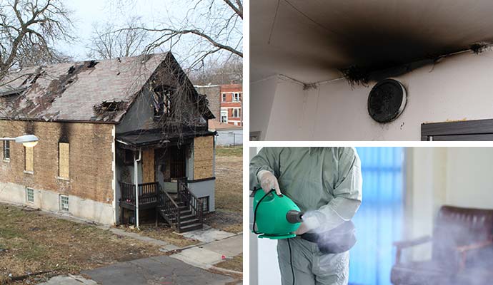Collage of boarded up fire damaged house, soot damaged ceiling and smoke odor removal service