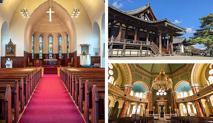 Collage of church interior, temple and synagogue