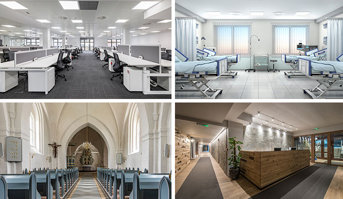Collage of clean office, healthcare, church, and hotel