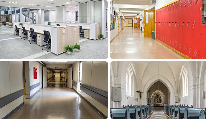 Collage showing clean interiors of an office, school, hospital and church