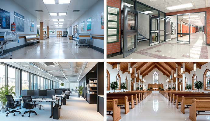 Collage of different clean commercial facilities