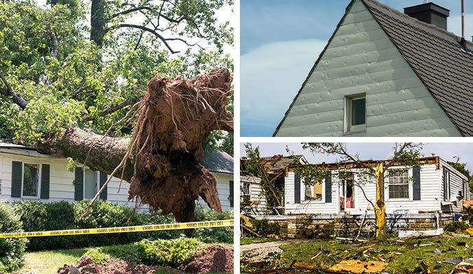 Collage of different types of storm damaged property