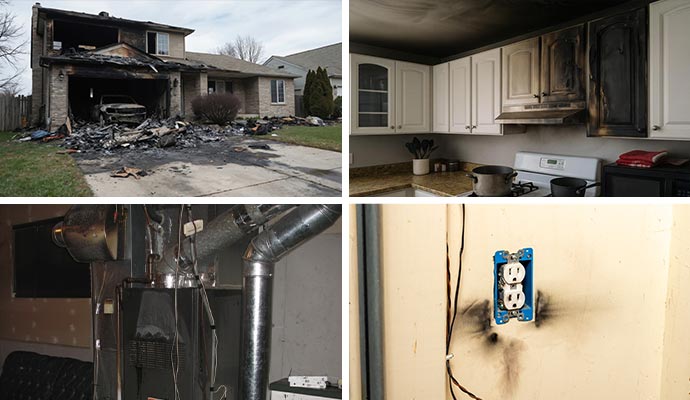 Collage of fire damaged garage and kitchen, heating equipment and electrical fire