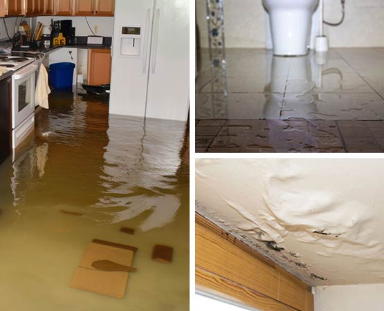 Collage of indoor water damage from flooding leaking pipes and ceiling moisture with stains puddles and structural damage