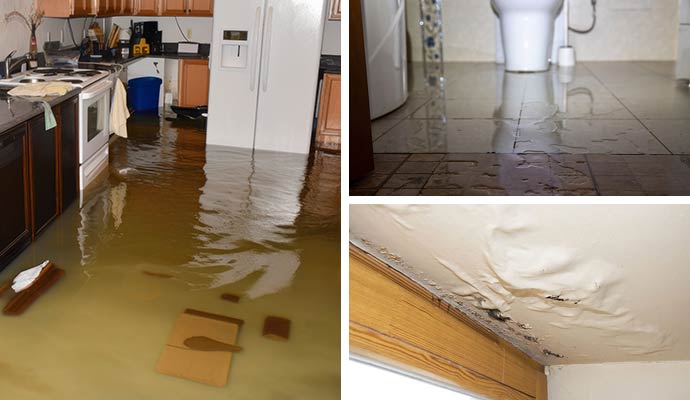Collage of indoor water damage from flooding leaking pipes and ceiling moisture with stains puddles and structural damage