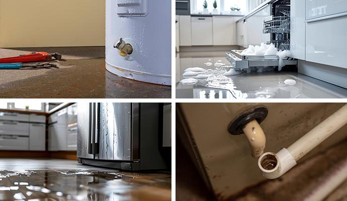 Collage of leaked water heater, dishwasher overflow, leaked refrigerator and ac unit overflow