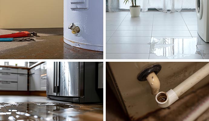 Collage of leaked water heater, washing machine, refrigerator and ac unit drain overflow