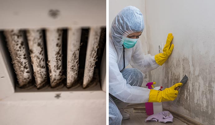 Collage of  mold damaged HVAC and mold remediation service
