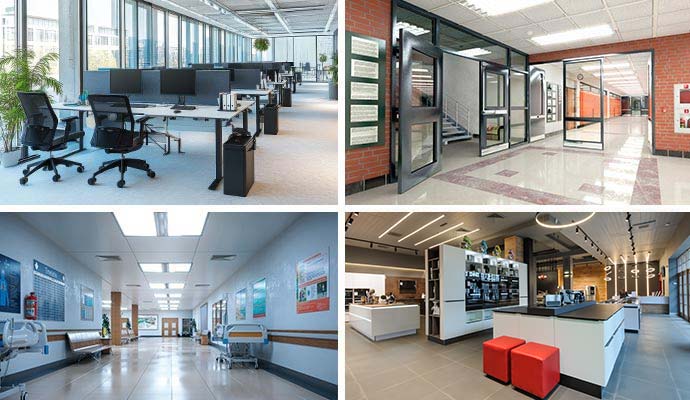 Collage of office, school, hospital, and retail interiors