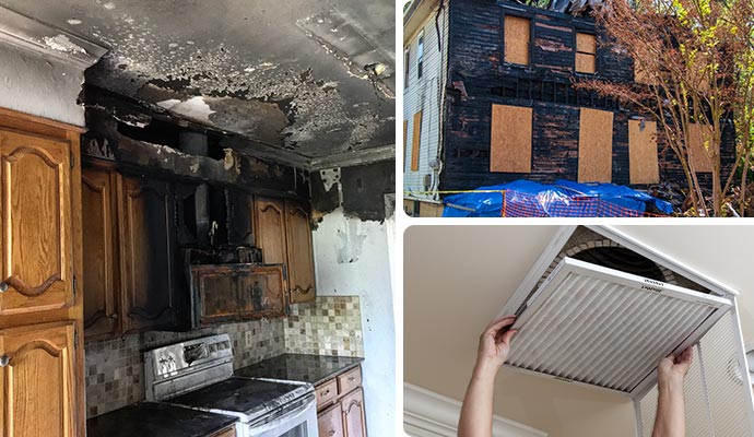 Collage of a smoke and soot damaged kitchen, exterior of a boarded-up house and a person replacing an HVAC filter