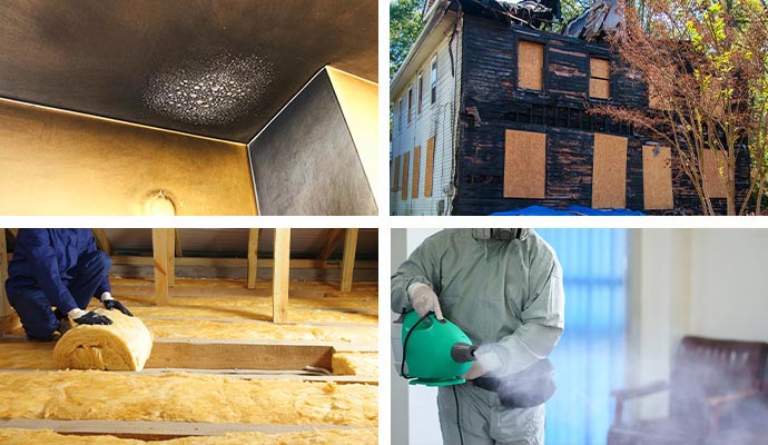 Collage of soot damaged wall, fire damaged boarded-up house, insulation replacement service and smoke odor removal service