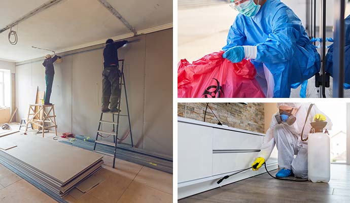 Collage of wall reconstruction, biohazard waste cleanup, and indoor disinfection