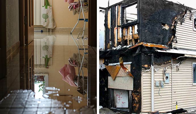 Collage of water and fire damaged house