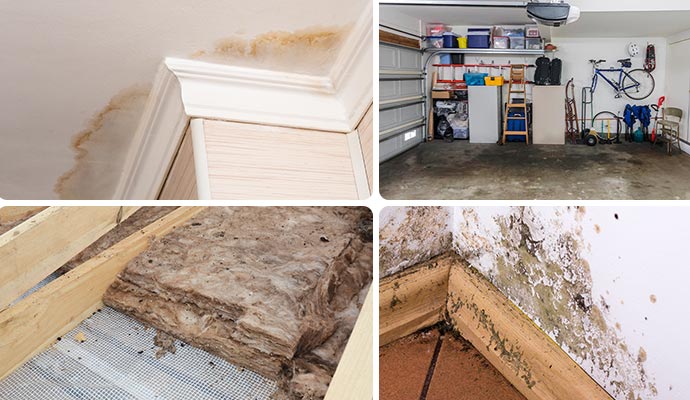 Collage of water damage in ceiling, garage, insulator and wall