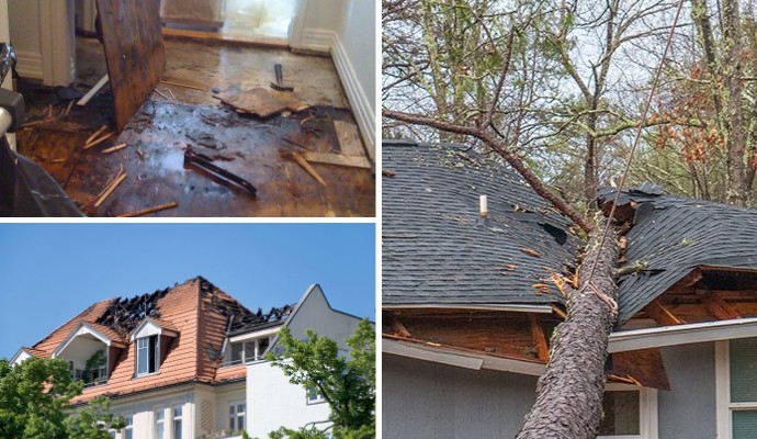 Collage of water damaged floor, and fire and storm damaged hosue