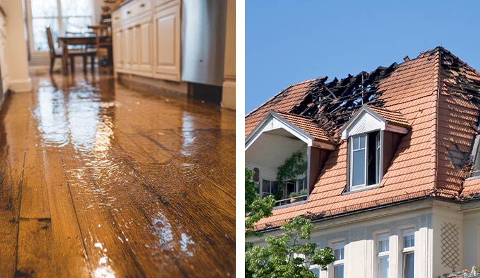 Collage of water damaged floor and fire damaged house