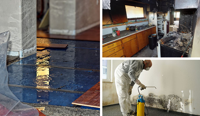 Collage of water damaged floor, fire damaged kitchen, and mold remediation service