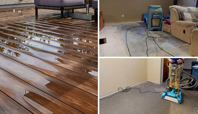 Collage of water damaged wooden floor and carpet