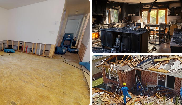 Collage of water, fire and storm damage