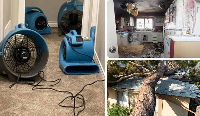 Collage of water damage restoration equipment, a fire-damaged house and a tree fallen during a storm