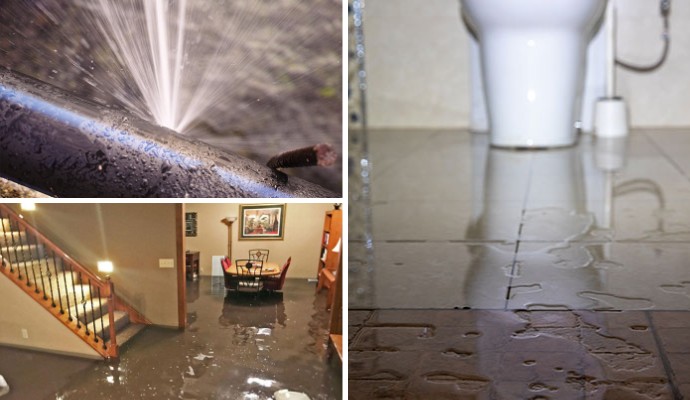 Collage of water spraying out from a broken pipe, flood damaged house and water damaged toilet floor