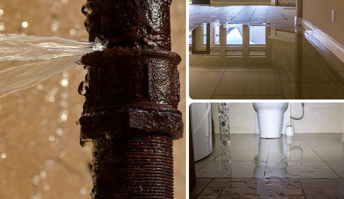Collage of water spraying out from a broken water pipe, water damaged floor and toilet floor