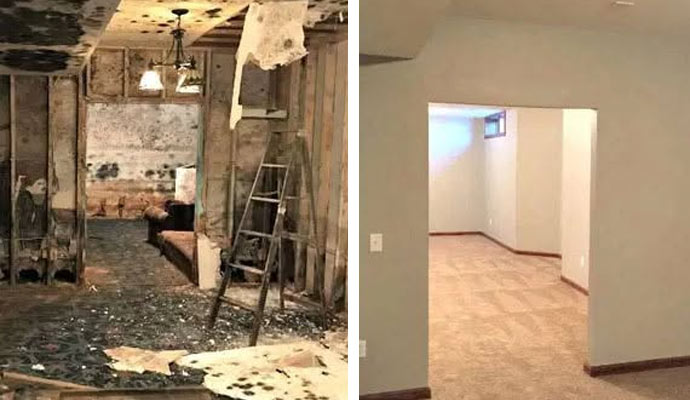 Damaged room before and after