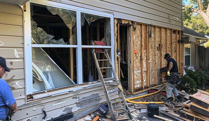 Disaster damaged property restoration and repair services in progress