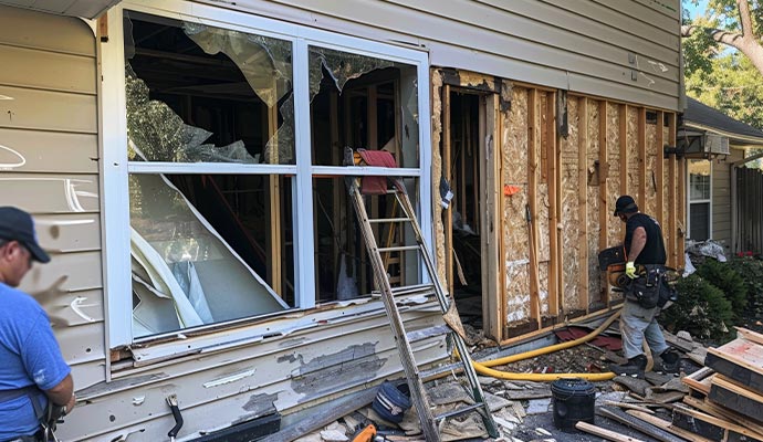 Expert restoring a storm-damaged house exterior with exposed framing and broken windows