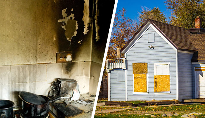 Fire damage and boarded house collage