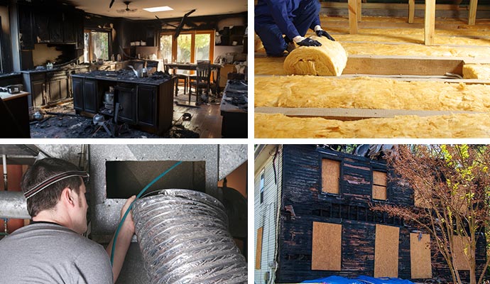 Collage of fire damaged kitchen, attic installation, air duct inspection and boarded-up house