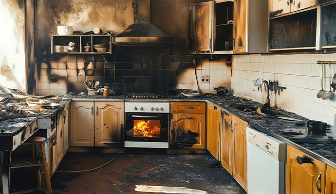 Fire-damaged residential kitchen